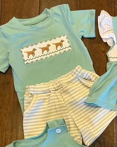 Preorder 12.14 MOQ 5 pcs BSSO1688 Dog Mint Stripe Boys Shorts Set