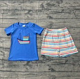 Preorder Samples BSSO1754 Embroidery Boat Blue Stripe Boys Shorts Set
