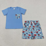 BSSO1829 4th of July Western Boots Boys Shorts Set