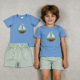 BSSO1860 Embroidery Sailboat Blue Boys Shorts Set