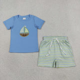 BSSO1860 Embroidery Sailboat Blue Boys Shorts Set