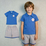 BSSO1877 Embroidery Baseball Blue Stripe Boys Shorts Set