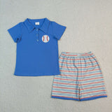 BSSO1877 Embroidery Baseball Blue Stripe Boys Shorts Set
