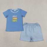 BSSO1905 Embroidery Fish Blue Color Boys Shorts Outfits