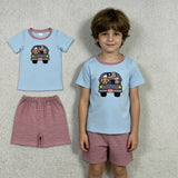 BSSO1918 Embroidery 4th of July Flag Car Dog Boys Shorts Set