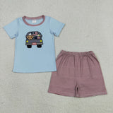 BSSO1918 Embroidery 4th of July Flag Car Dog Boys Shorts Set