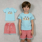 BSSO1934 Embroidery 4th of July USA Dog Red Plaid Boys Shorts Set