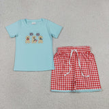 BSSO1934 Embroidery 4th of July USA Dog Red Plaid Boys Shorts Set