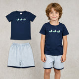 BSSO1938 Embroidery Mallard Ducks Navy Blue Boys Shorts Outfits