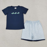 BSSO1938 Embroidery Mallard Ducks Navy Blue Boys Shorts Outfits