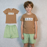 BSSO1947 Embroidery Mallard Ducks Green Stripe Boys Shorts Set