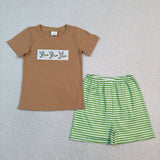 BSSO1947 Embroidery Mallard Ducks Green Stripe Boys Shorts Set