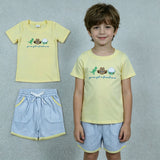 BSSO1968 Embroidery Cartoon Cowboy Dinosaur Boys Shorts Set
