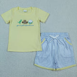 BSSO1968 Embroidery Cartoon Cowboy Dinosaur Boys Shorts Set