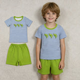 BSSO2001 Embroidery Fish Green Stripe Boys Shorts Outfits