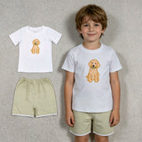 BSSO2002 Embroidery Dog Green Stripe Boys Shorts Outfits