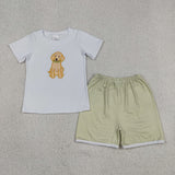 BSSO2002 Embroidery Dog Green Stripe Boys Shorts Outfits