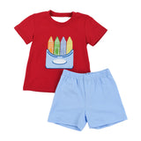 Preorder Samples BSSO2023 Embroidery Back To School Crayon Red Boys Shorts Set