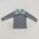 BT0281 Gray Green Plaid Zipper Pullover Boy's Shirt Top