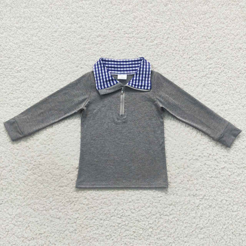 BT0285 Gray Blue Green Plaid Zipper Pullover Boy's Shirt Top