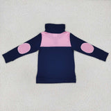 BT0290 Dark Blue Pink Plaid Zipper Pullover Shirt Top