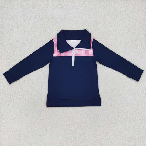 BT0290 Dark Blue Pink Plaid Zipper Pullover Shirt Top