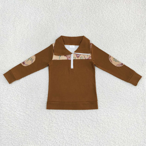 SALE BT0298 Brown Cow Cactus Zipper Pullover Shirt Top
