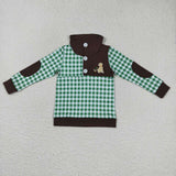 BT0301 Embroidery Mallard Green Plaid Zipper Pullover Boy Shirt Top