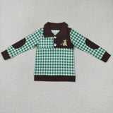 BT0301 Embroidery Mallard Green Plaid Zipper Pullover Boy Shirt Top