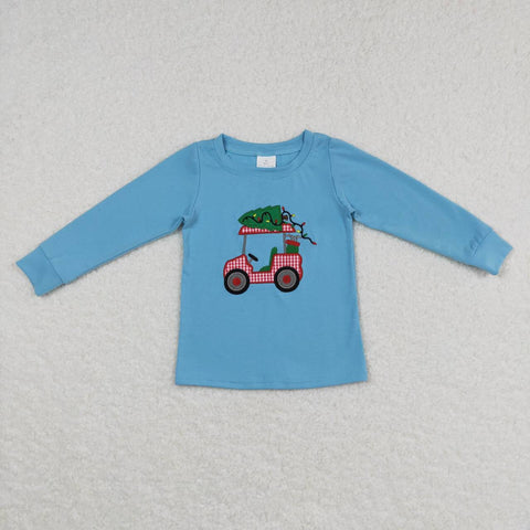 BT0352 Embroidery Christmas Car Tree Blue Boy Shirt Top