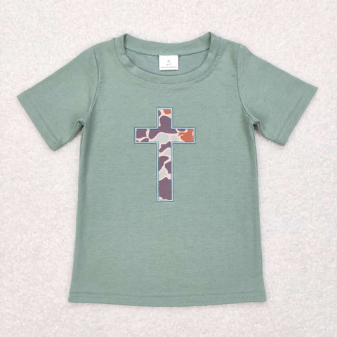 BT0443 Embroidery Easter Camo Cross Green Shirt Top Boy