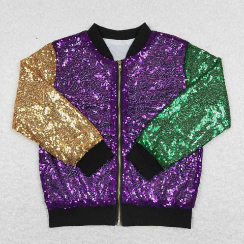 BT0451 Mardi gras Purple Green Gold Sequin Kids Coat