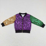 BT0451 Mardi gras Purple Green Gold Sequin Kids Coat