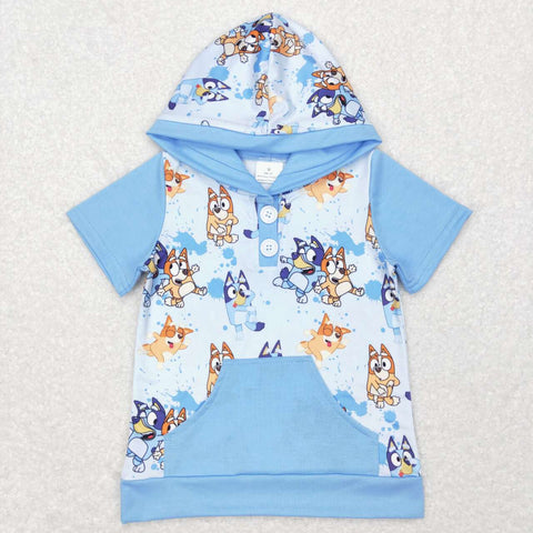 BT0452 Cartoon Blue Dog Hoodie Pullover Boy Shirt Top