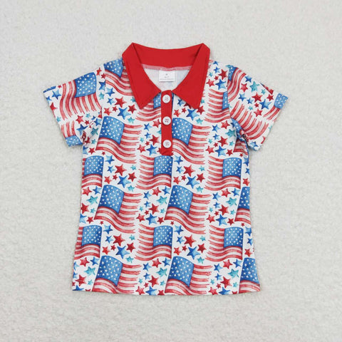 BT0565 4th of July Flag Star Kids Polo Shirt Top