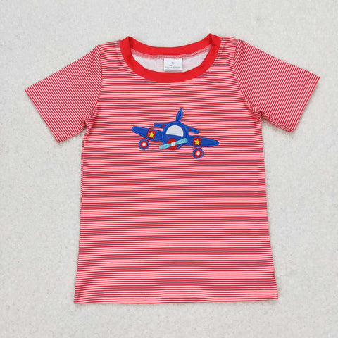 BT0594 Embroidery Airplane Red Stripe Kids Shirt Top