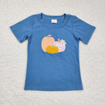 BT0675 Embroidery Pumpkin Blue Girl Shirt Top