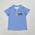 BT0689 Embroidery Truck Blue Stripe Boy Polo Shirt Top