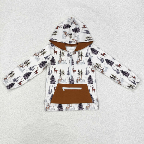 BT0758 Forest Deer Brown Boy Zip Hoodie Kids Pullover Top