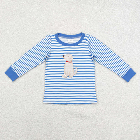 BT0808 Embroidery Dog Blue Stripe Kids Boys Shirt Top