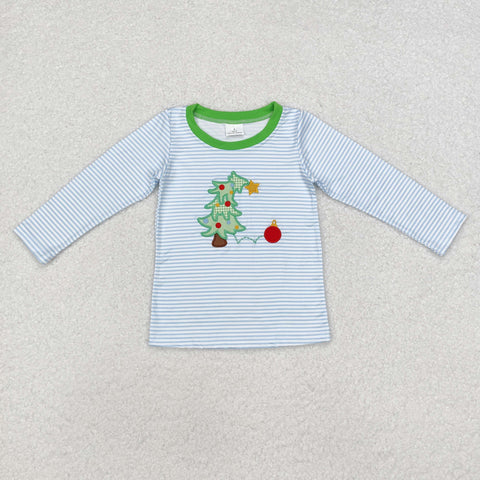 BT0809 Embroidery Christmas Trees Stripe Kids Boys Shirt Top