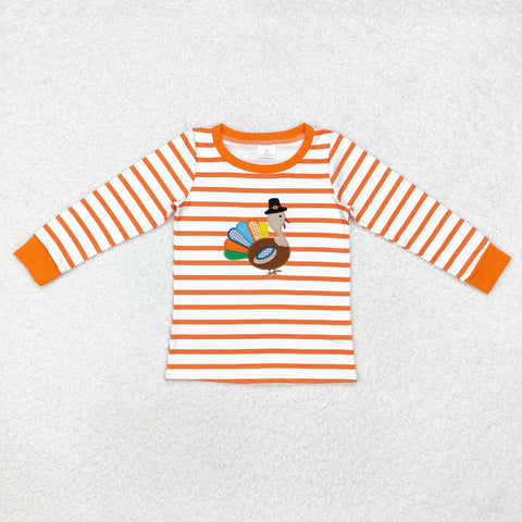 BT0816 Embroidery Thanksgiving Turkey Orange Stripe Kids Shirt Top