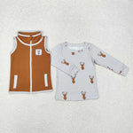 BT0858 Embroidery Hunting Elk 2 pcs set Kids Boy Zipper Vest Top