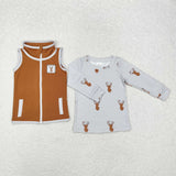 BT0858 Embroidery Hunting Elk 2 pcs set Kids Boy Zipper Vest Top