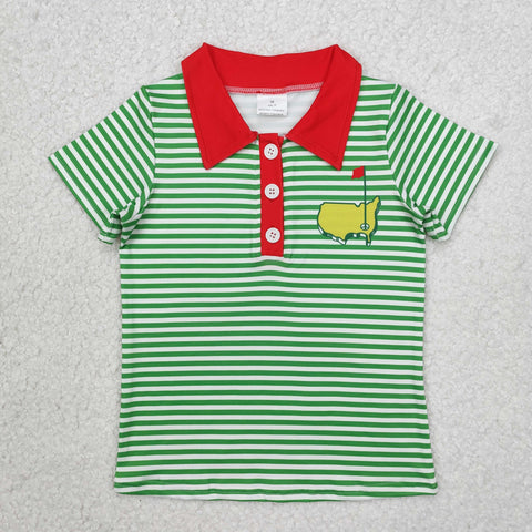 BT0890 Golf Green Stripe Buttons Kids Boy Shirt Polo Top