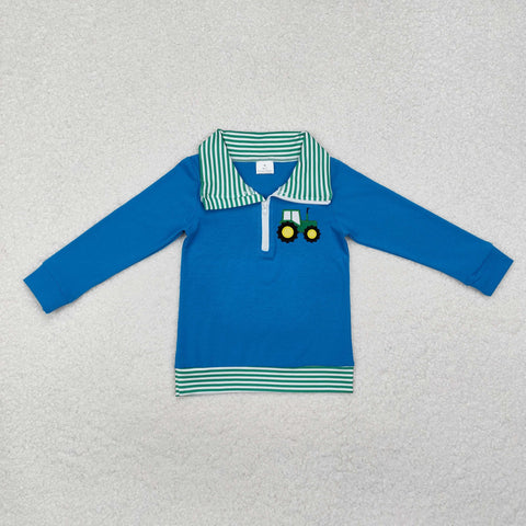 BT0892 Embroidery Truck Green Stripe Kids Boy Zip Pullover