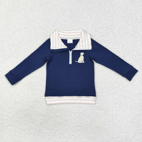 BT0893 Embroidery Dog Stripe Kids Boy Zip Pullover