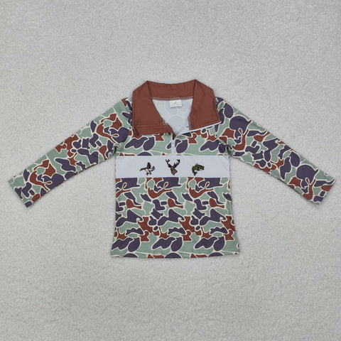 BT0902 Embroidery Hunting Mallard Elk Fish Camo Kids Boy Zip Pullover