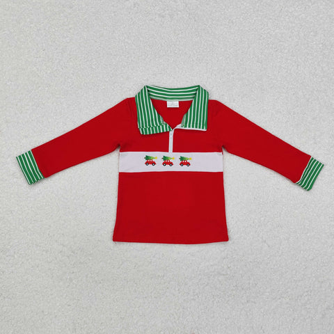 BT0930 Embroidery Christmas Car Trees Red Kids Boy Zip Pullover