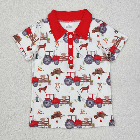 BT1043 Farm Truck Red Kids Boy Polo Shirt Top